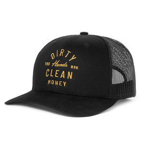 Juno curved brim hat with Dirty Hands Clean Money slogan