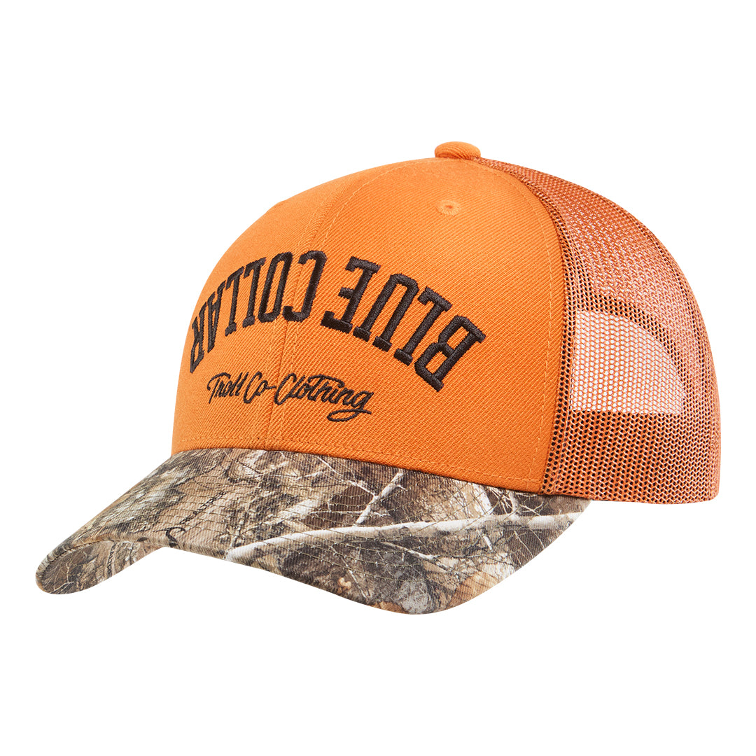 BC Bottoms Up Realtree® Curved Brim Trucker Hat - Color: Hunter Orange Edge